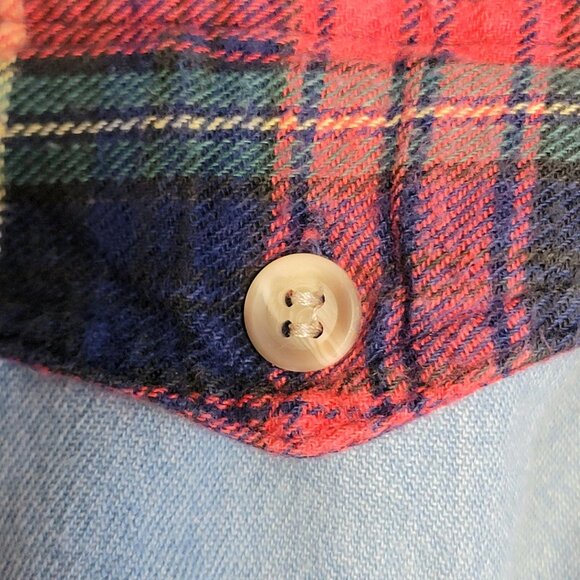 Vintage 90s Plaid Denim Shirt Women Medium Blue Red Button Up Collar Long Sleeve - Picture 10 of 16